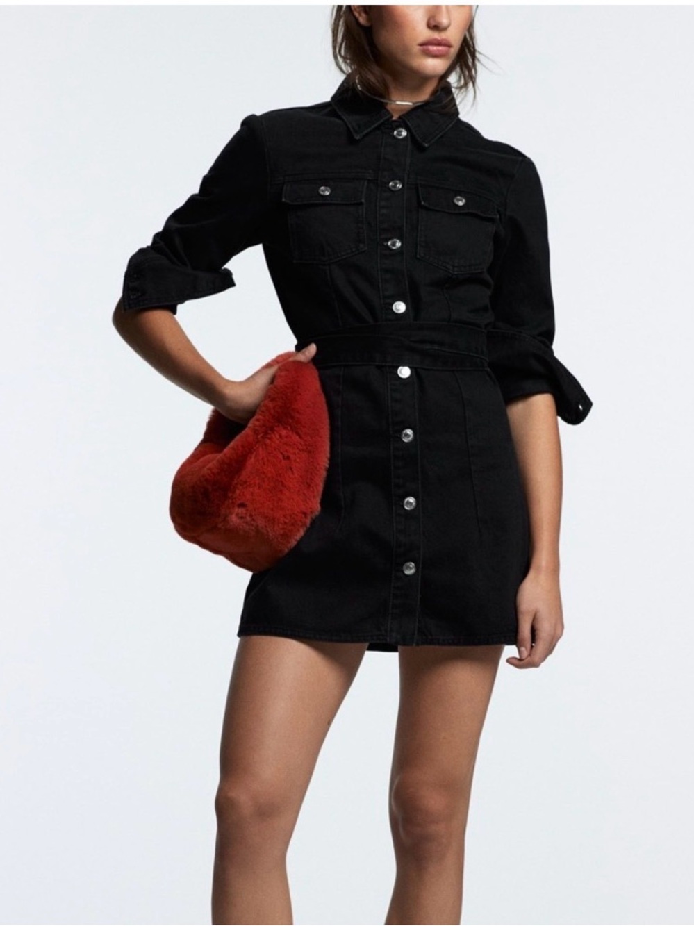 Zara Black Button-Front Denim Dress with tie at waist